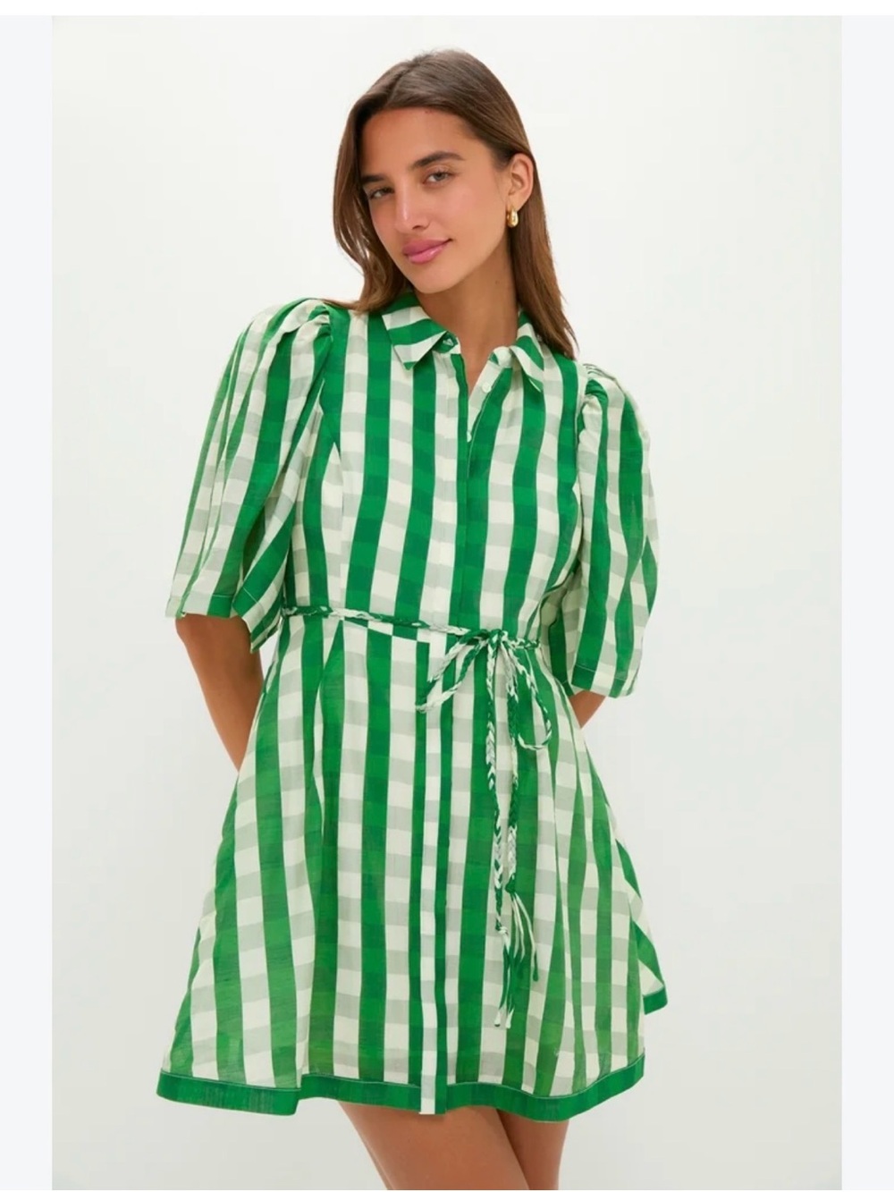 Green Gingham Tie-Waist Mini Shirt Dress